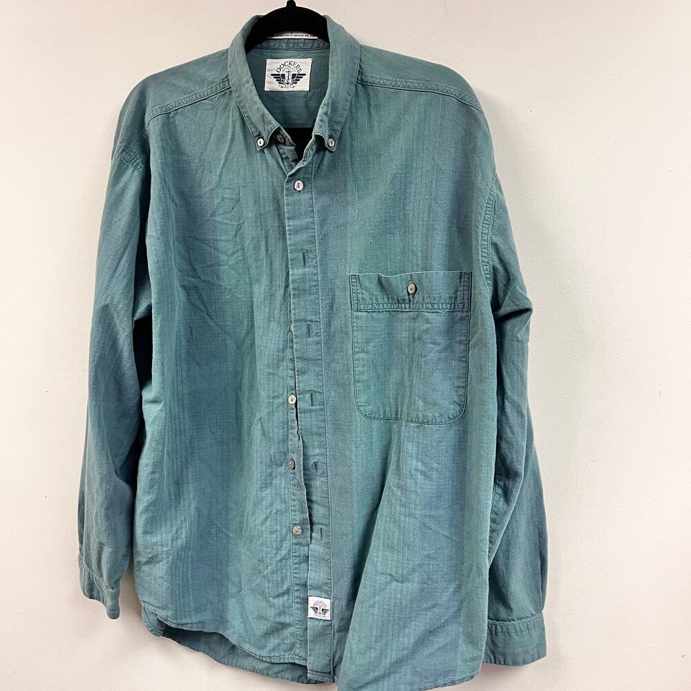 Men's 1990's Dockers 100% Cotton LG green woven button down long sleeve